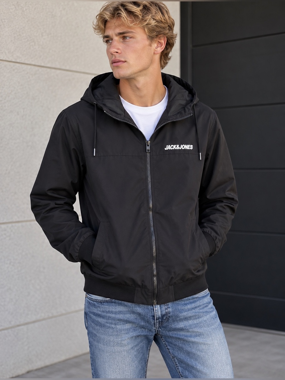 Jack & Jones Men’s Black Hooded Zip Up Windbreaker Jacket XS Like New
